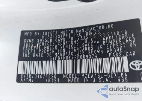 2023 Toyota Corolla Le z USA, uszkodzony, nr VIN 5YFB4MDE7PP069374